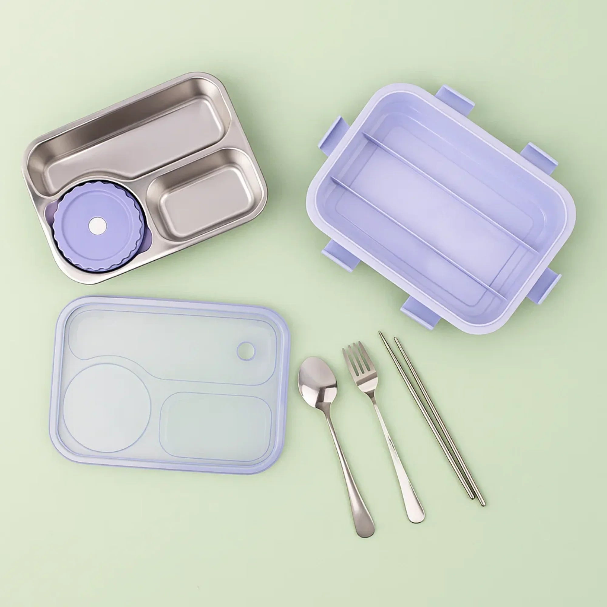 Korean Bento Box 3 Grid with Soup Bowl - Purple