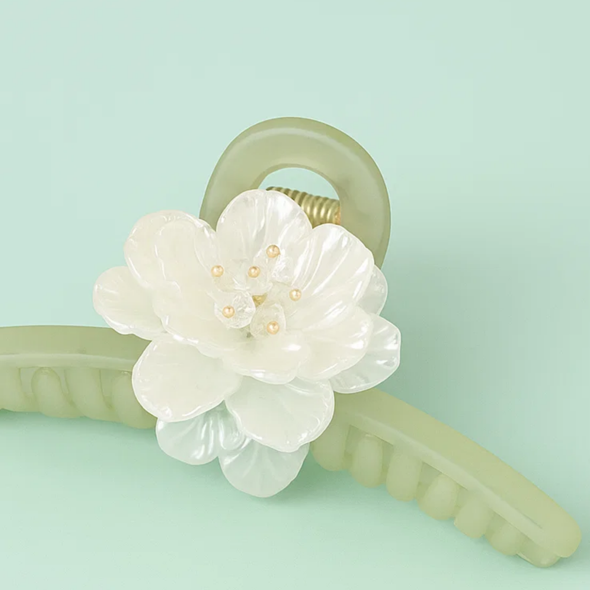 Olive Clawclip with White Flower