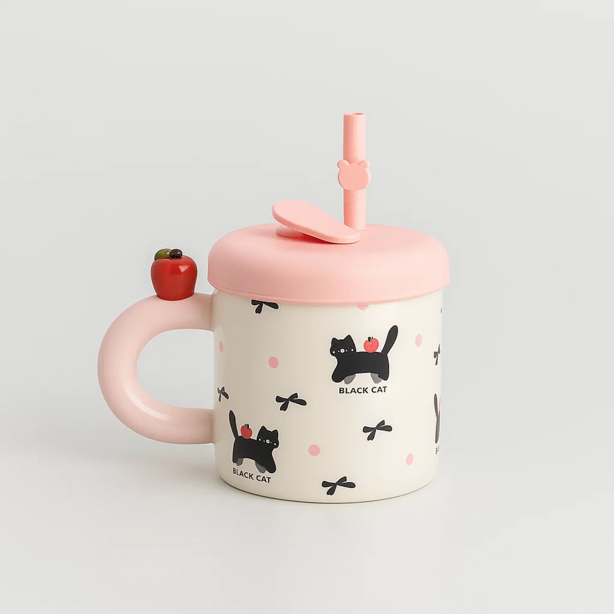 Black Cat and Bow Ceramic Coffee Mug with Straw Pink