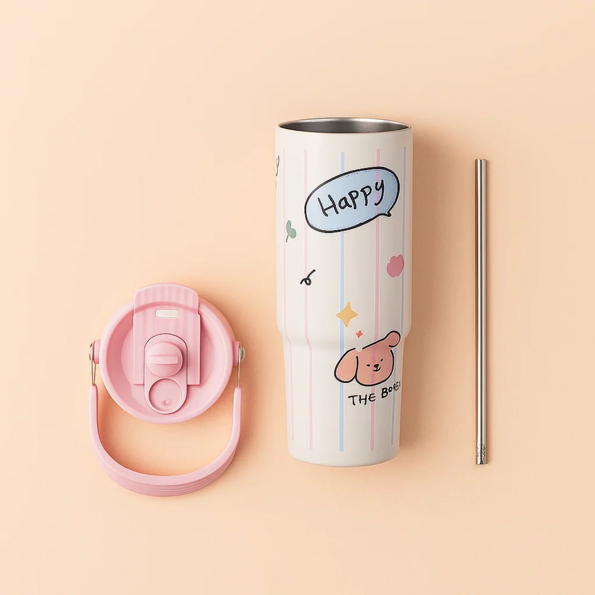 Pink-Blue striped Happy Bunny stainless steel Tumbler