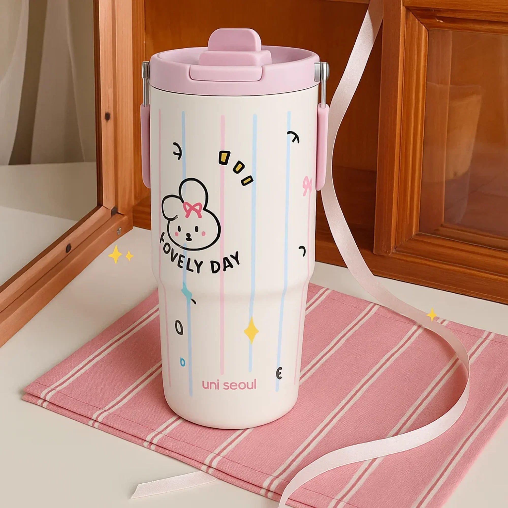 Pink-Blue striped Happy Bunny stainless steel Tumbler