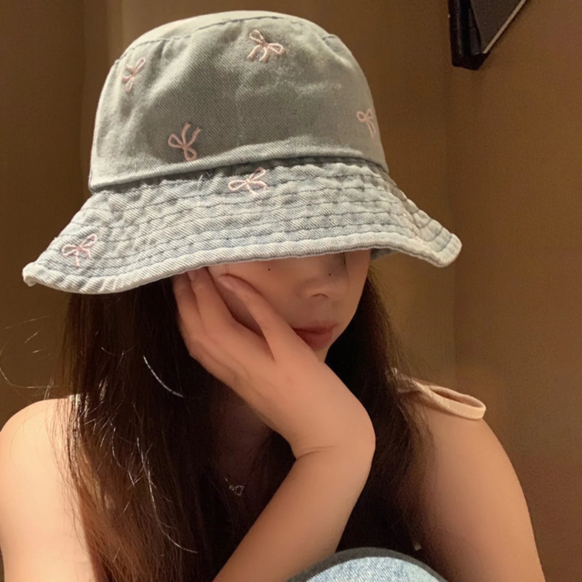 Washed Blue Bucket Hat with Bows