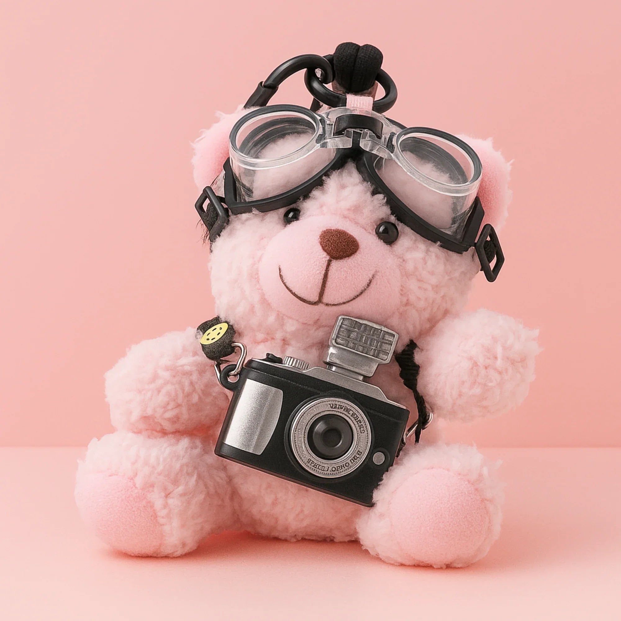 Goggles and Camera Teddy Pink Plushie Keyring