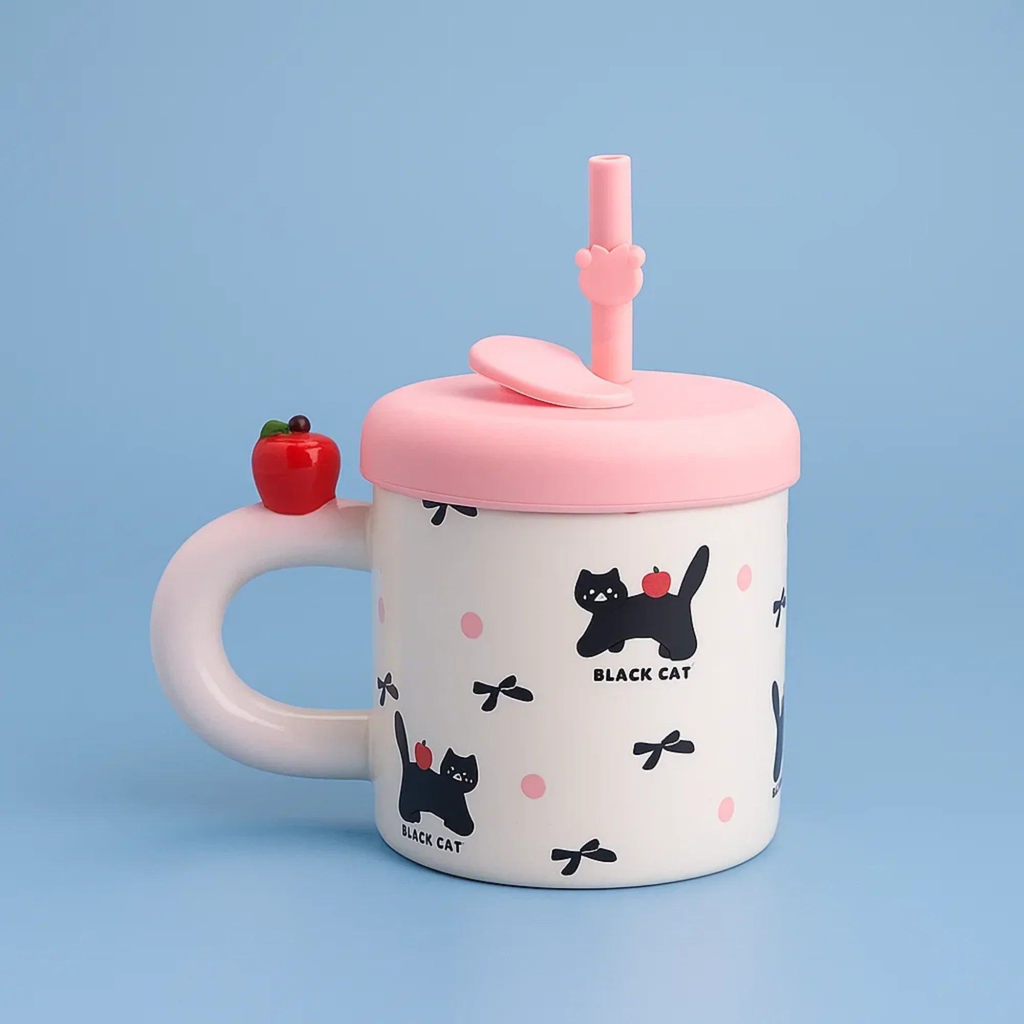 Black Cat and Bow Ceramic Coffee Mug with Straw Pink