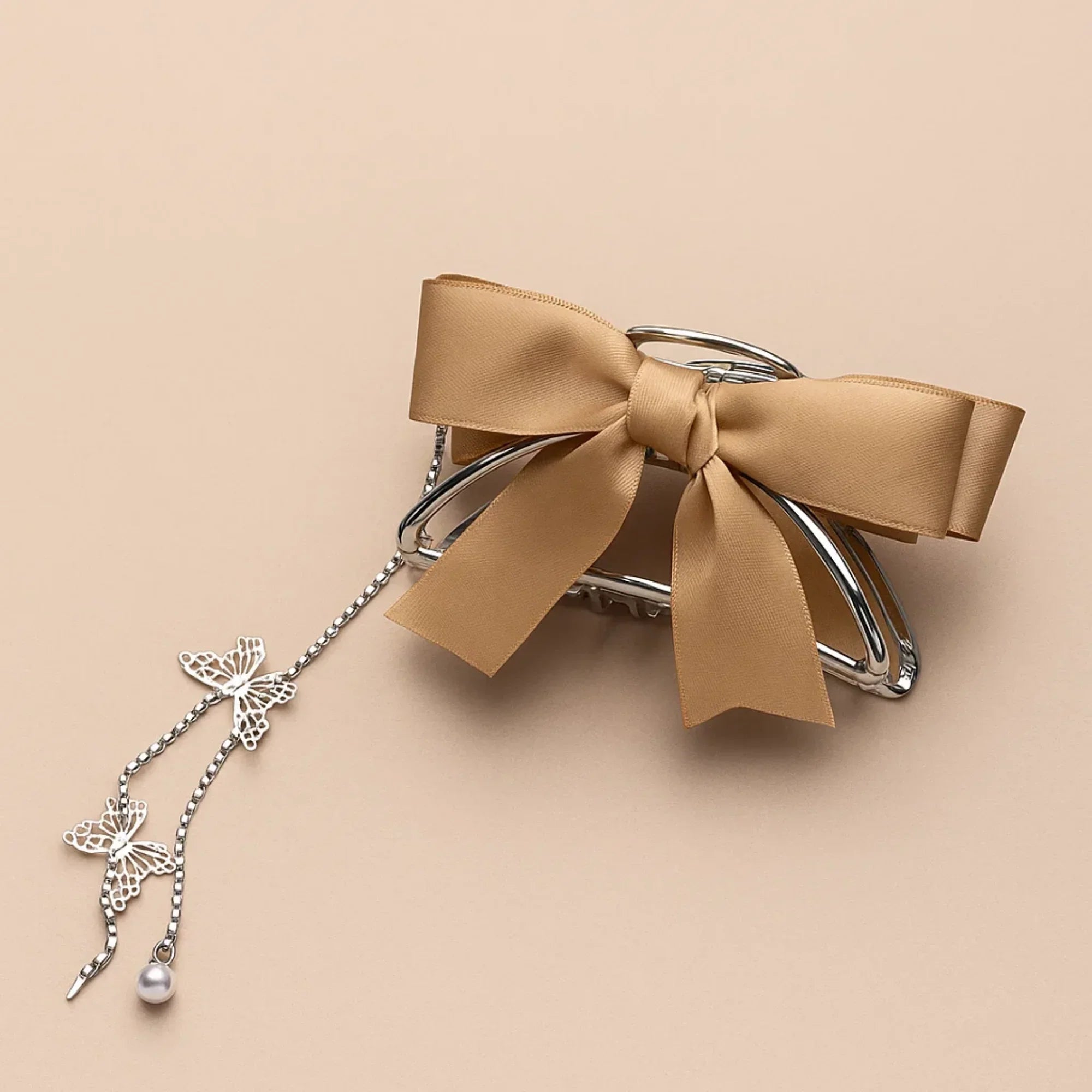 Ribbon Clawclips with Butterfly Tassels Brown