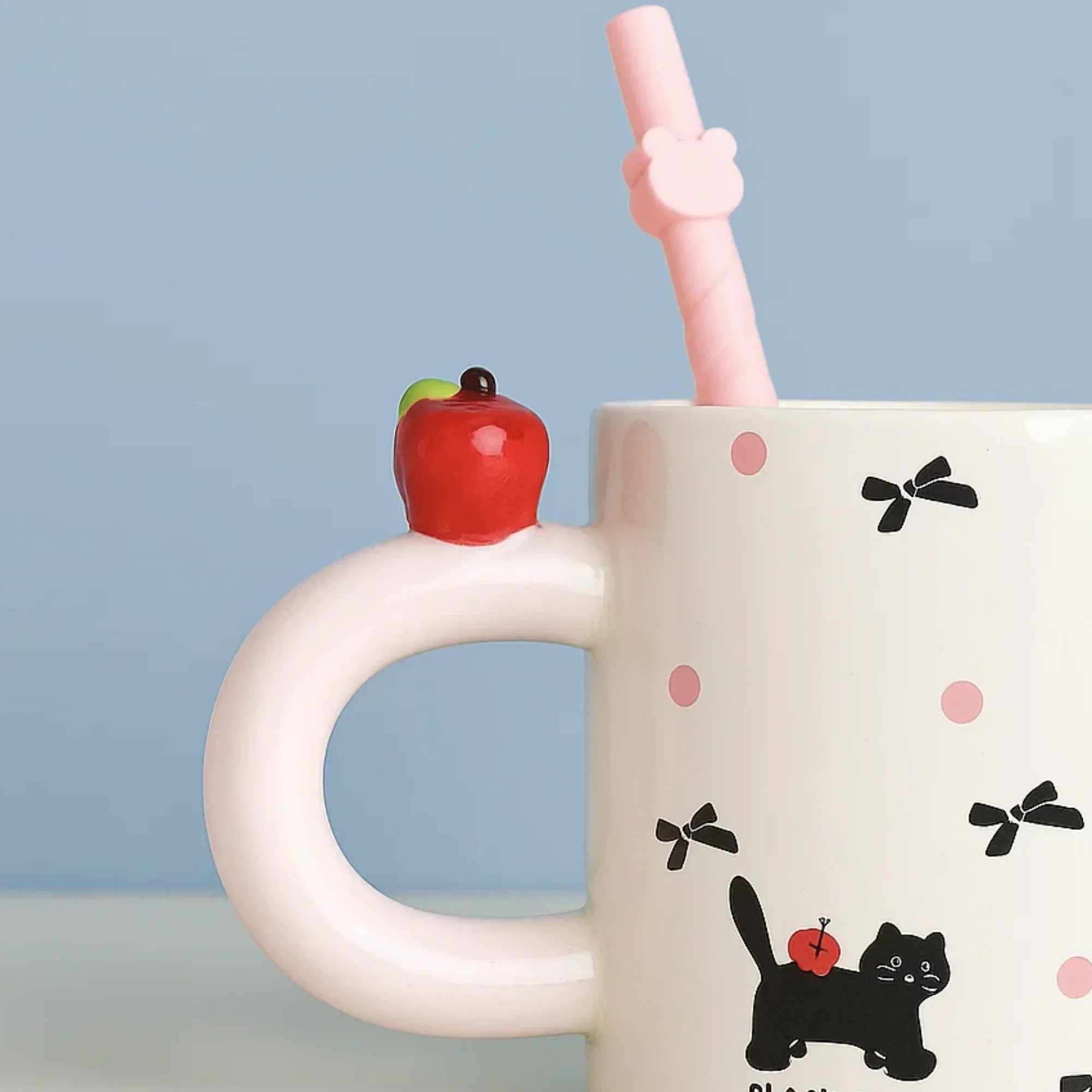 Black Cat and Bow Ceramic Coffee Mug with Straw Pink