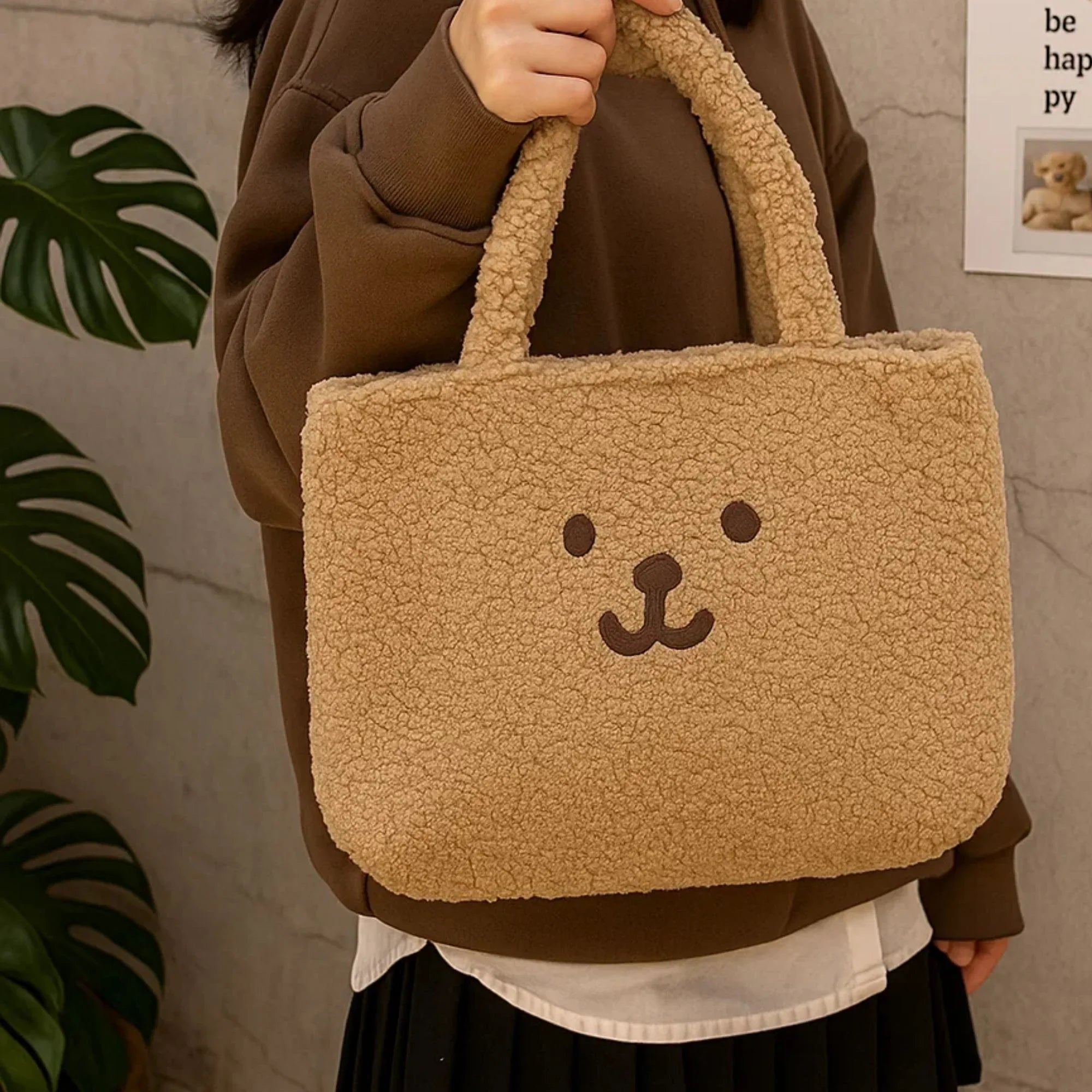 Reversible Brown Bear Furry Tote Bag