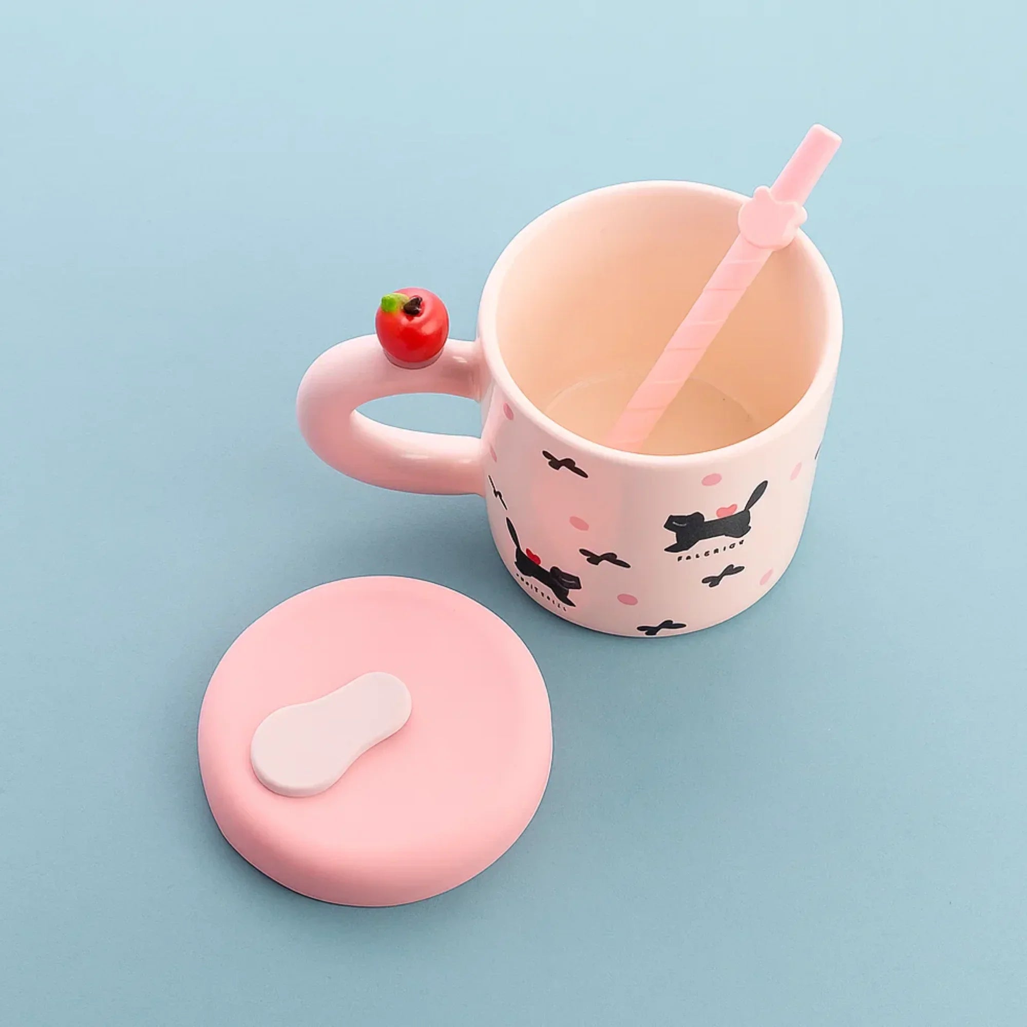 Black Cat and Bow Ceramic Coffee Mug with Straw Pink