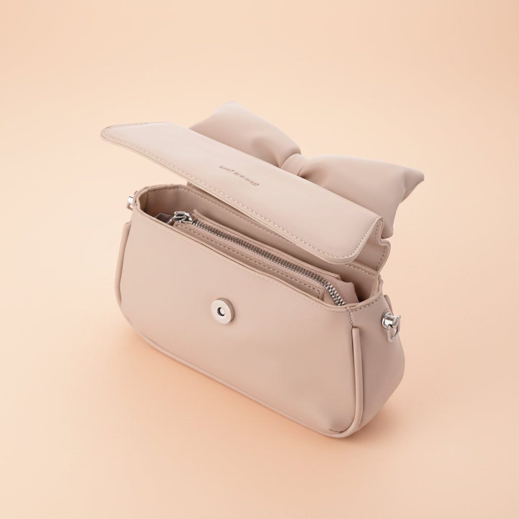 Puffed Bow Top Sling Bag - Beige