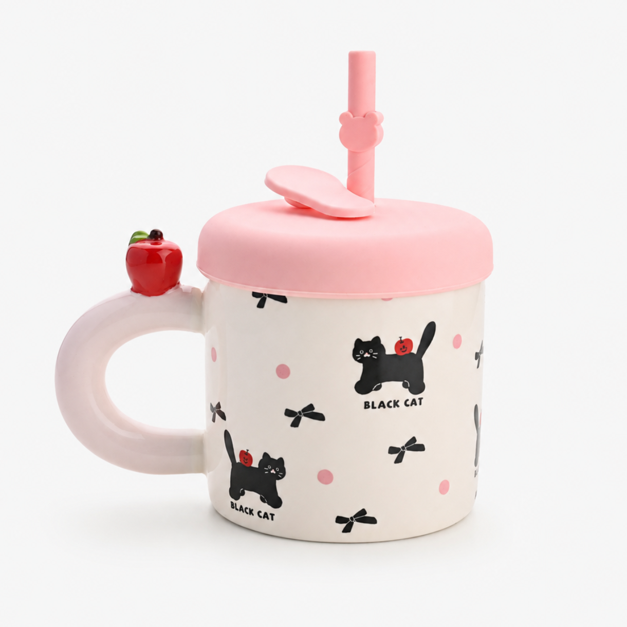 Black Cat and Bow Ceramic Coffee Mug with Straw Pink