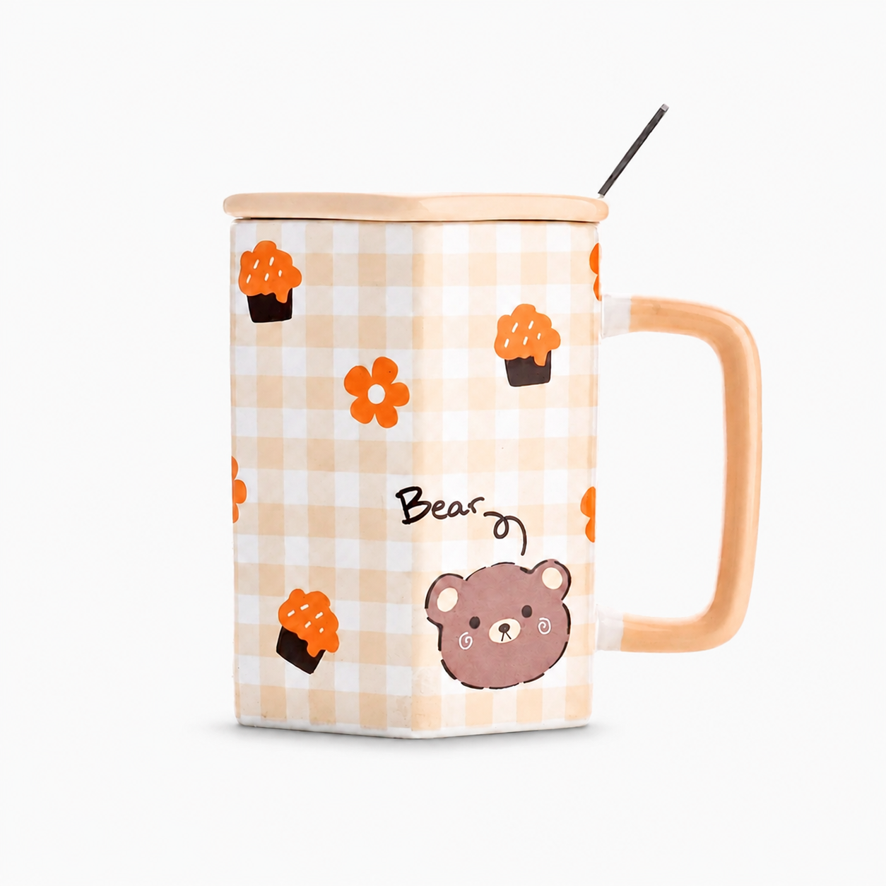 Brown Checker Bear Ceramic Mug with spoon