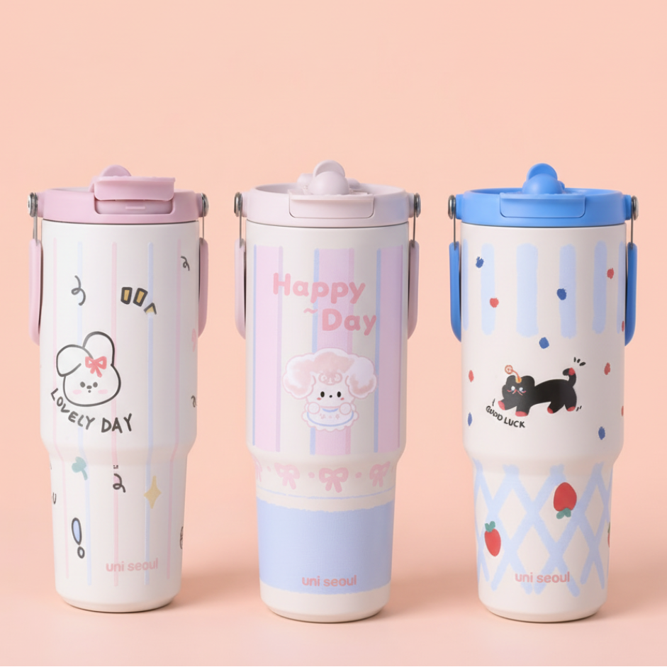 Pink-Blue striped Happy Bunny stainless steel Tumbler