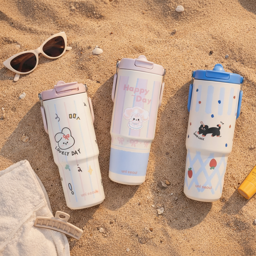 Pink-Blue striped Happy Bunny stainless steel Tumbler