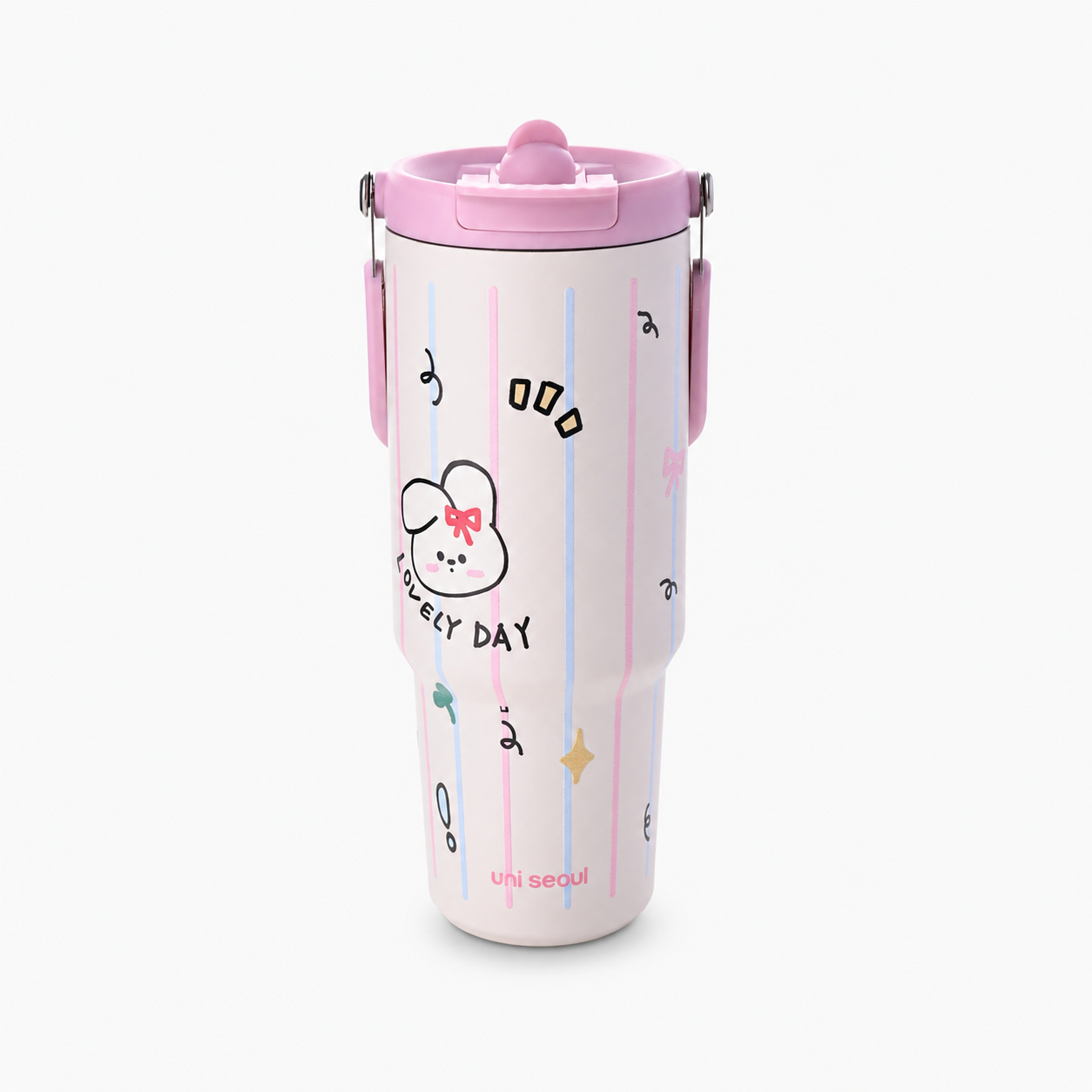 Pink-Blue striped Happy Bunny stainless steel Tumbler