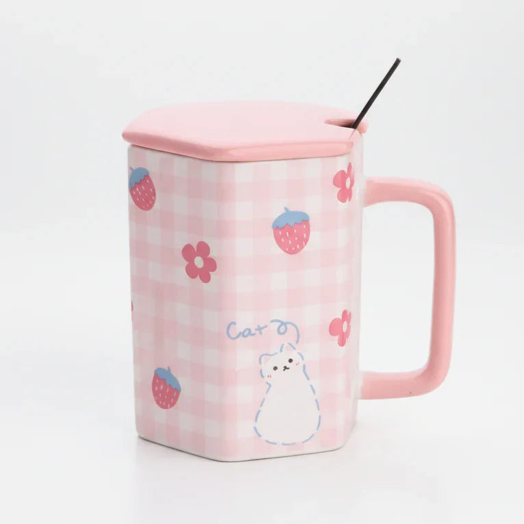 Pink Checker Bear Ceramic Mug with spoon (all in one)