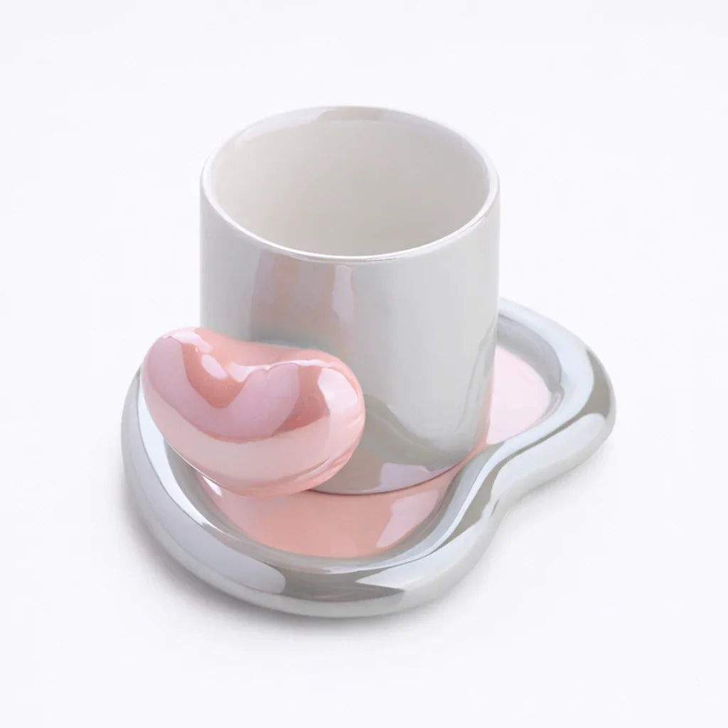 Glossy White Ceramic Mug with Pink Heart Handle