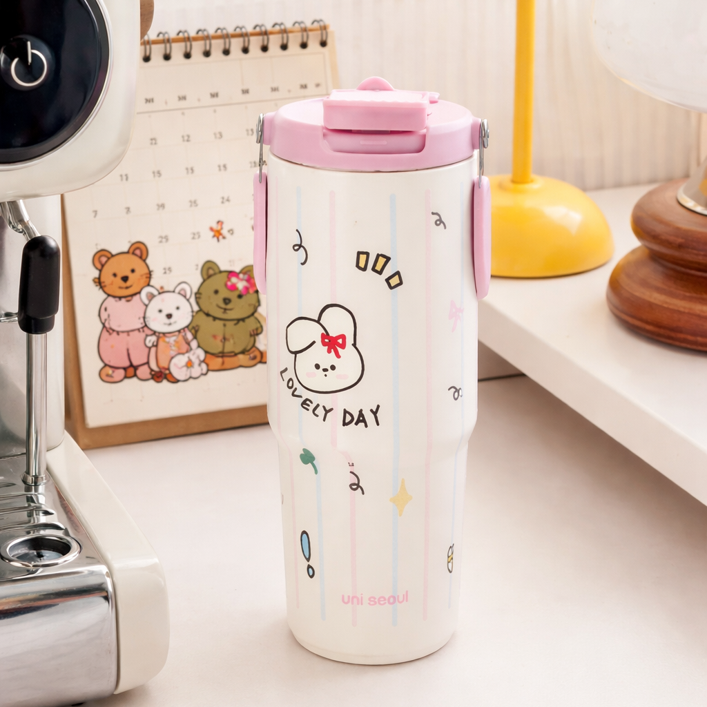 Pink-Blue striped Happy Bunny stainless steel Tumbler