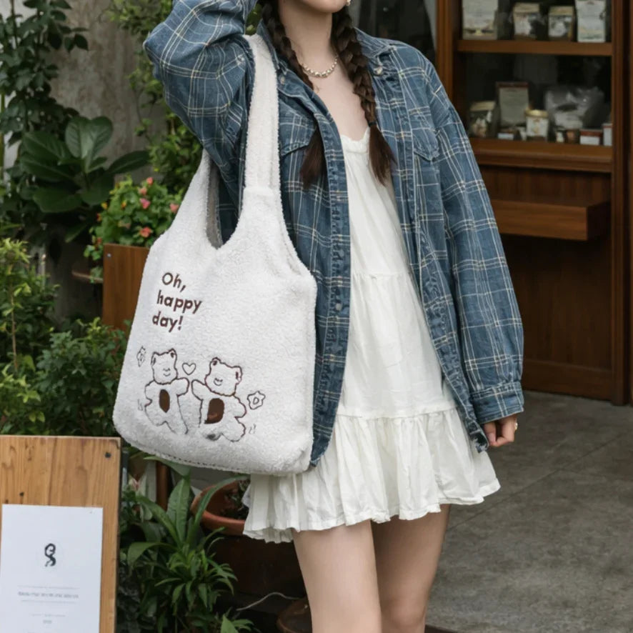 Happy Day White Furry Tote bag