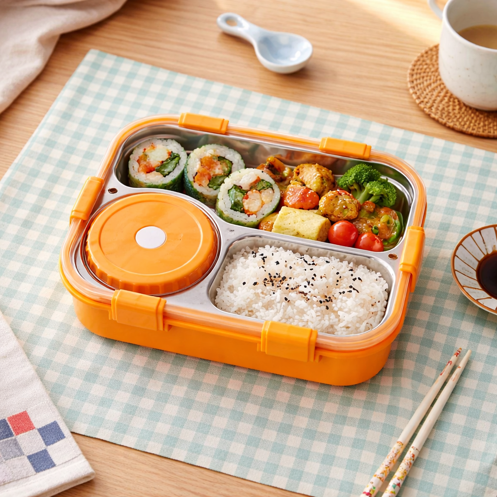Korean Bento Box 3 Grid with Soup Bowl - Orange