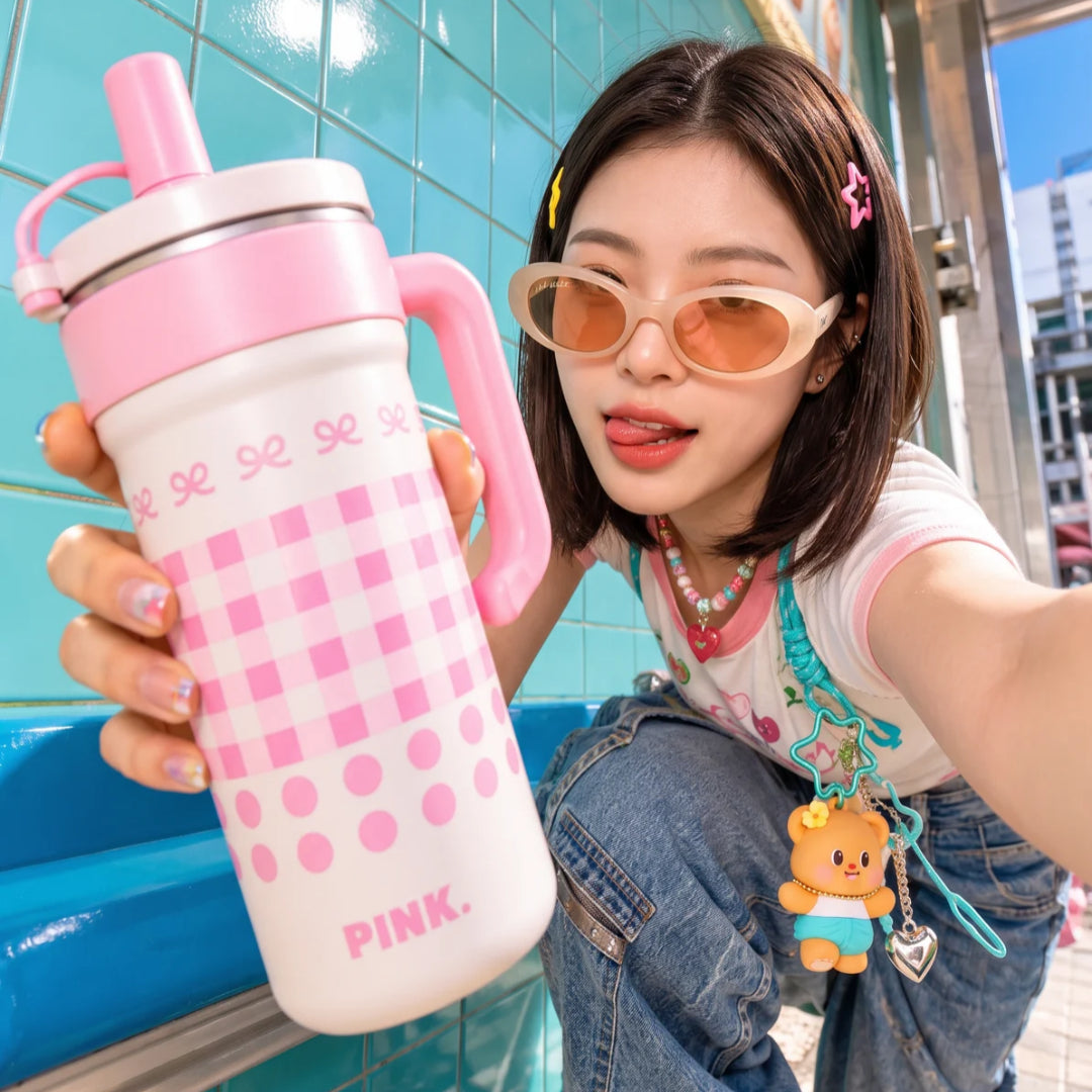 Gingham Bow Steel Tumbler - Pink
