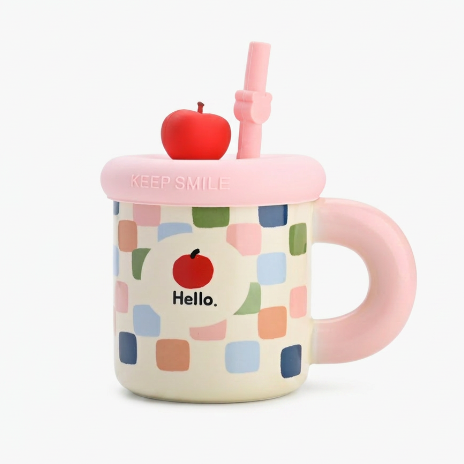 Cherry Ceramic Mug with Straw