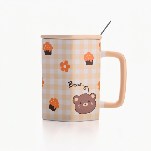Brown Checker Bear Ceramic Mug with spoon