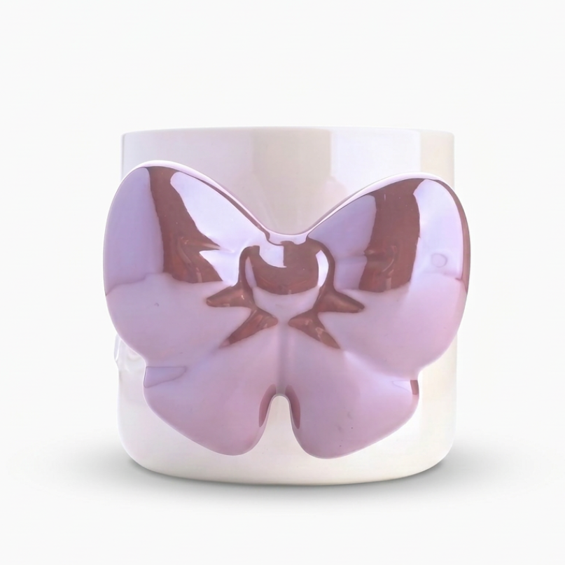 Glossy Ceramic Mug with Purple Butterfly Handle