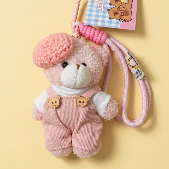 Plush toy bear with pink outfit and keychain on a yellow background