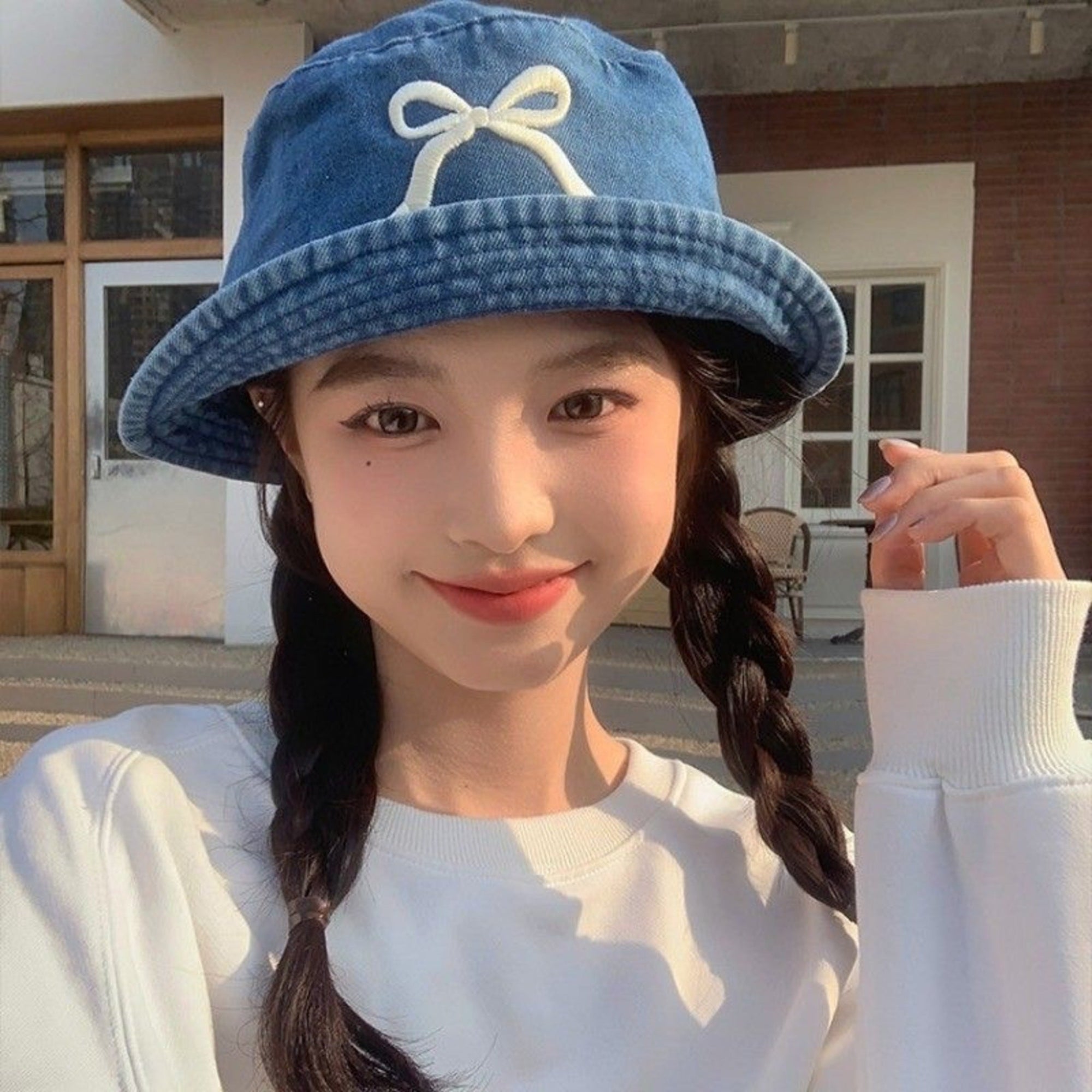 White Embroidered Bow Bucket Hat