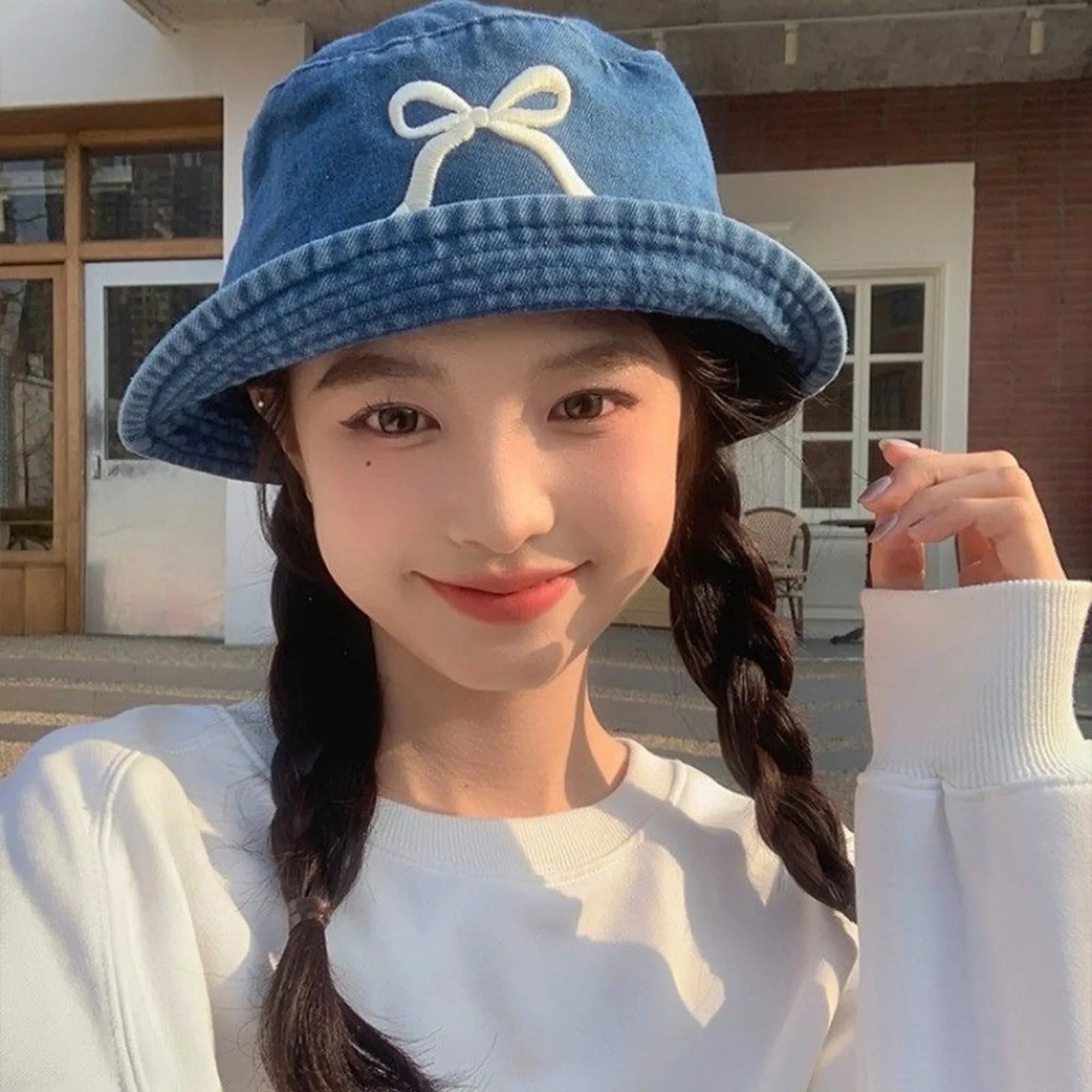 White Embroidered Bow Bucket Hat