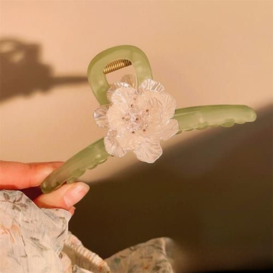 Olive Clawclip with White Flower