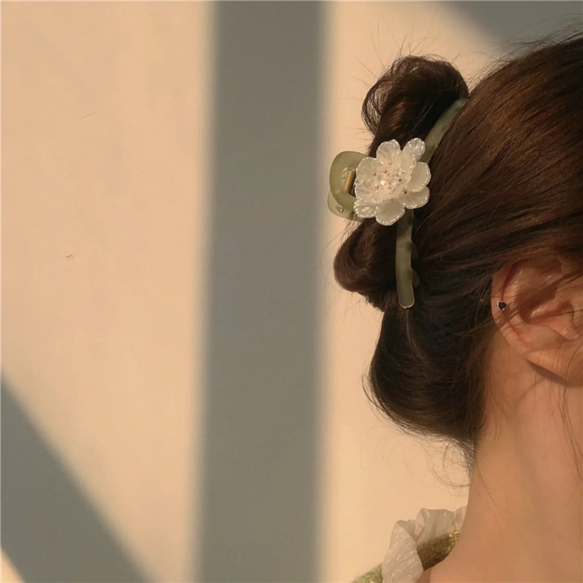Olive Clawclip with White Flower