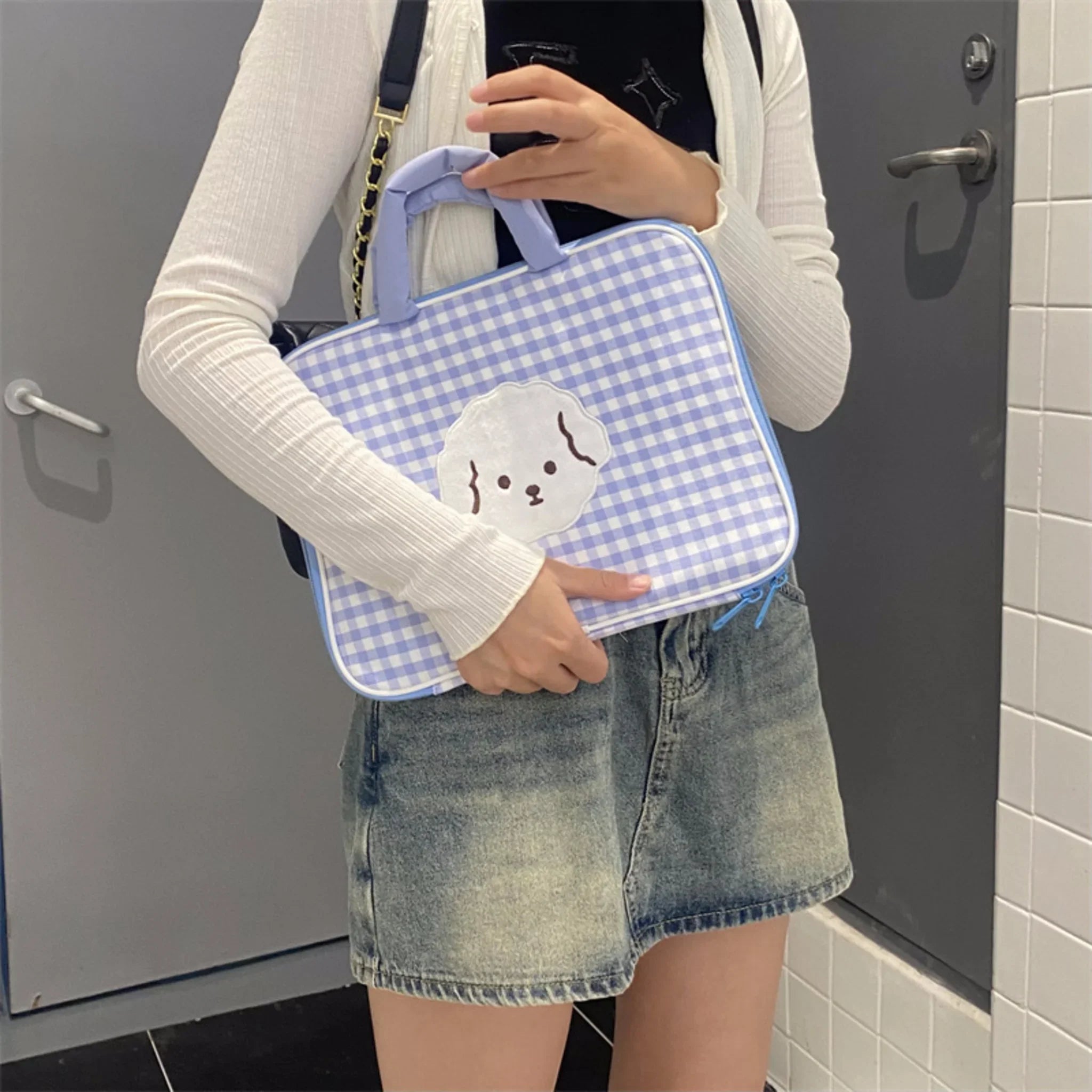 Blue Gingham Dog Laptop Bag