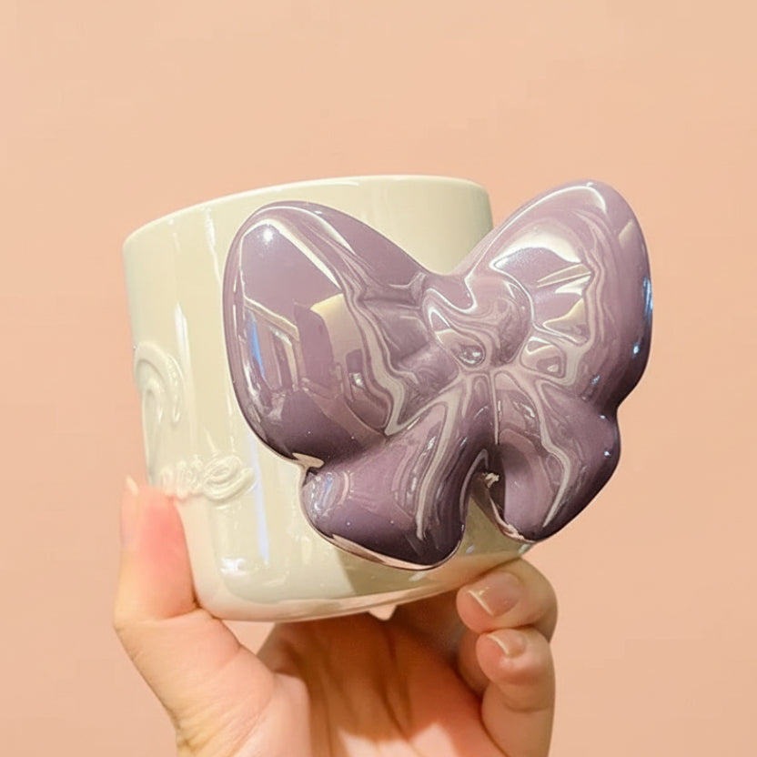 Glossy Ceramic Mug with Purple Butterfly Handle