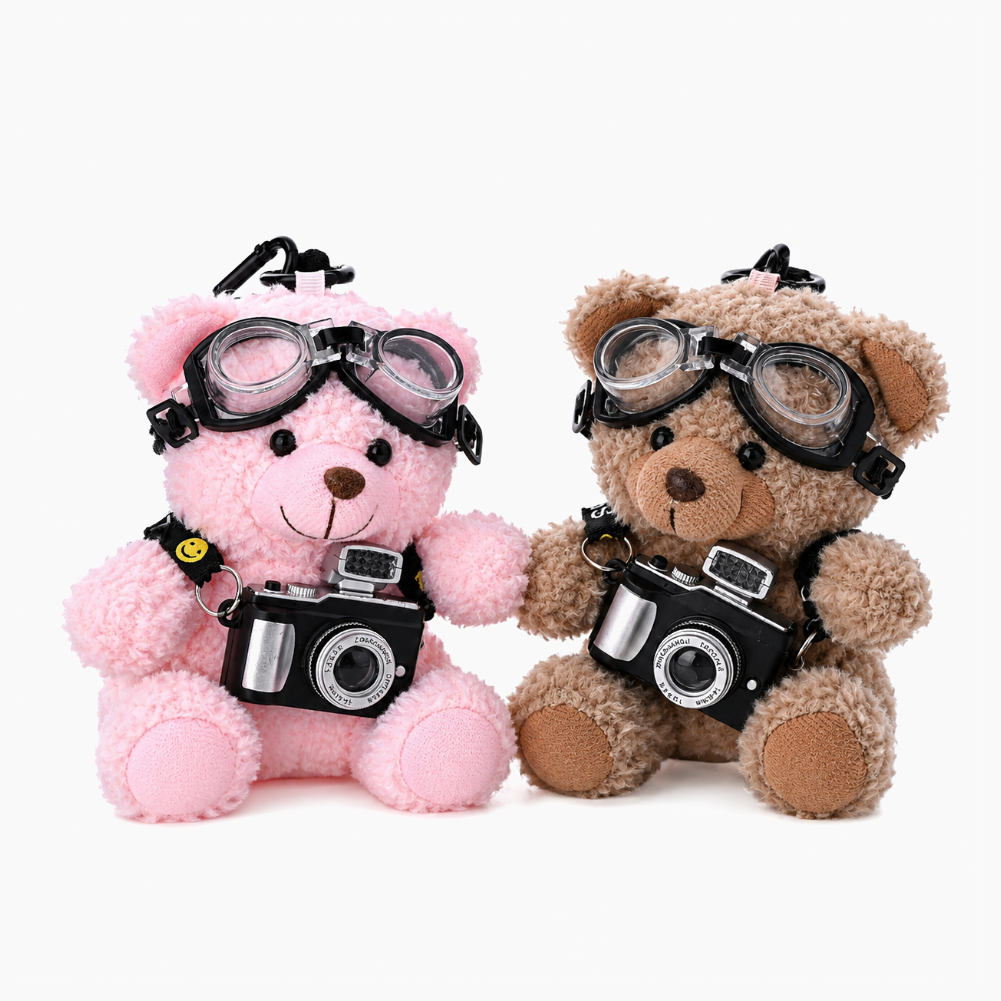 Goggles and Camera Teddy Pink Plushie Keyring