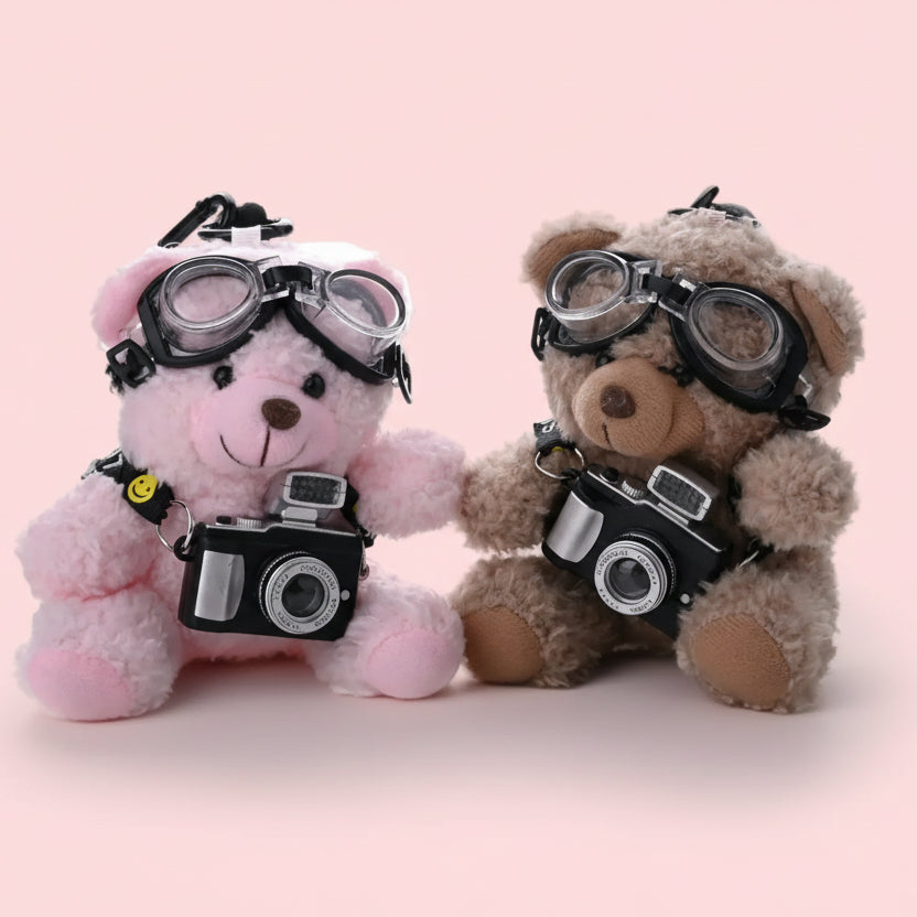 Goggles and Camera Teddy Brown Plushie Keyring