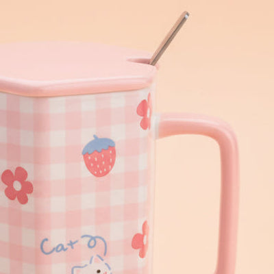 Pink Checker Bear Ceramic Mug with spoon (all in one)