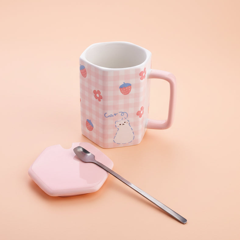 Pink Checker Bear Ceramic Mug with spoon (all in one)