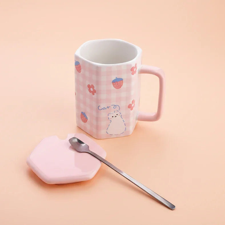 Pink Checker Bear Ceramic Mug with spoon (all in one)