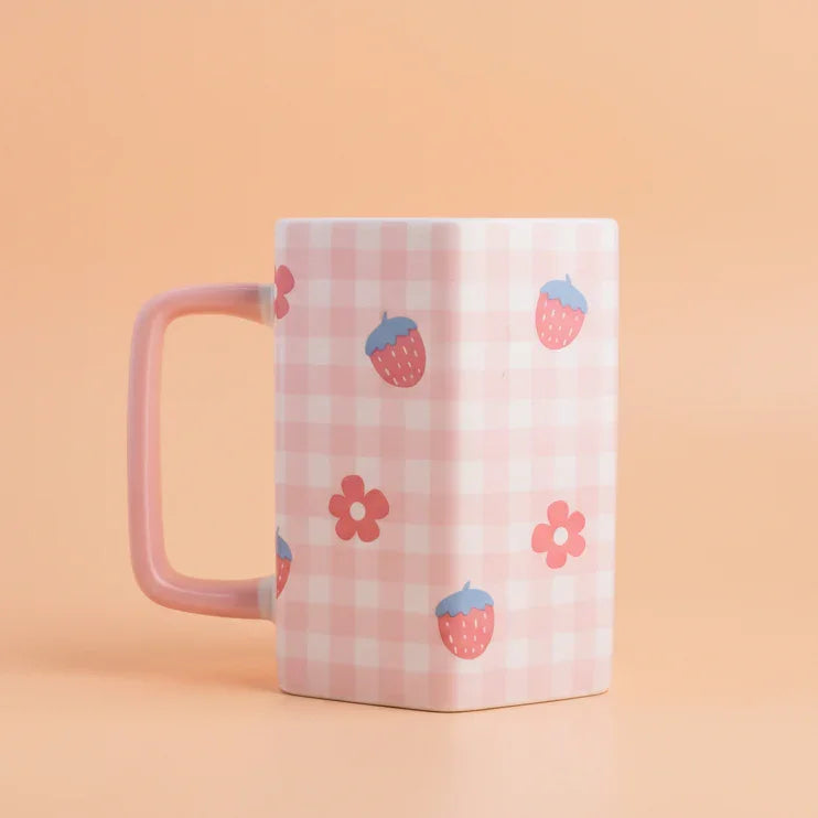 Pink Checker Bear Ceramic Mug with spoon (all in one)