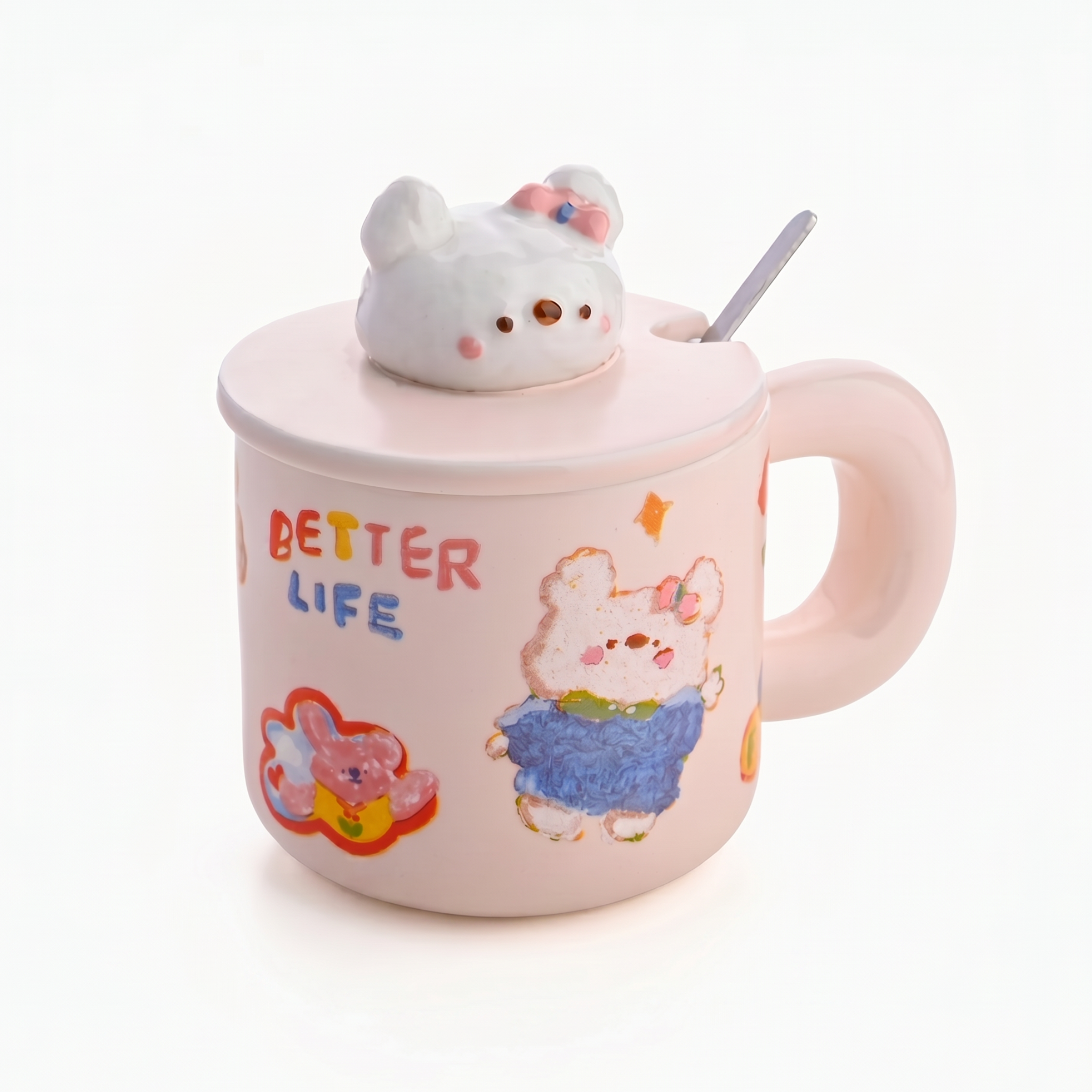 White Bunny Ceramic Cup with Bunny Handle Lid