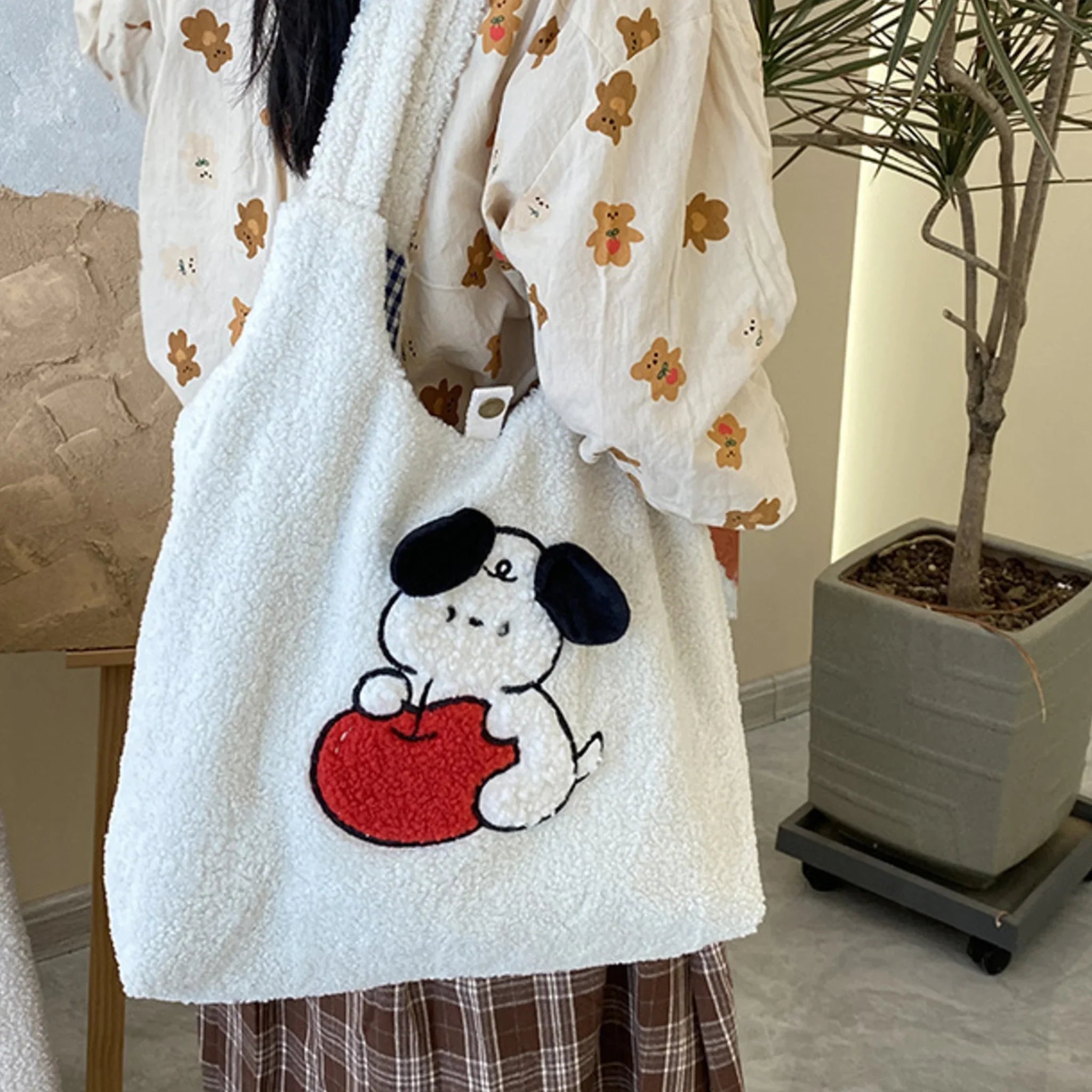 Red Apple Dog Furry Tote bag