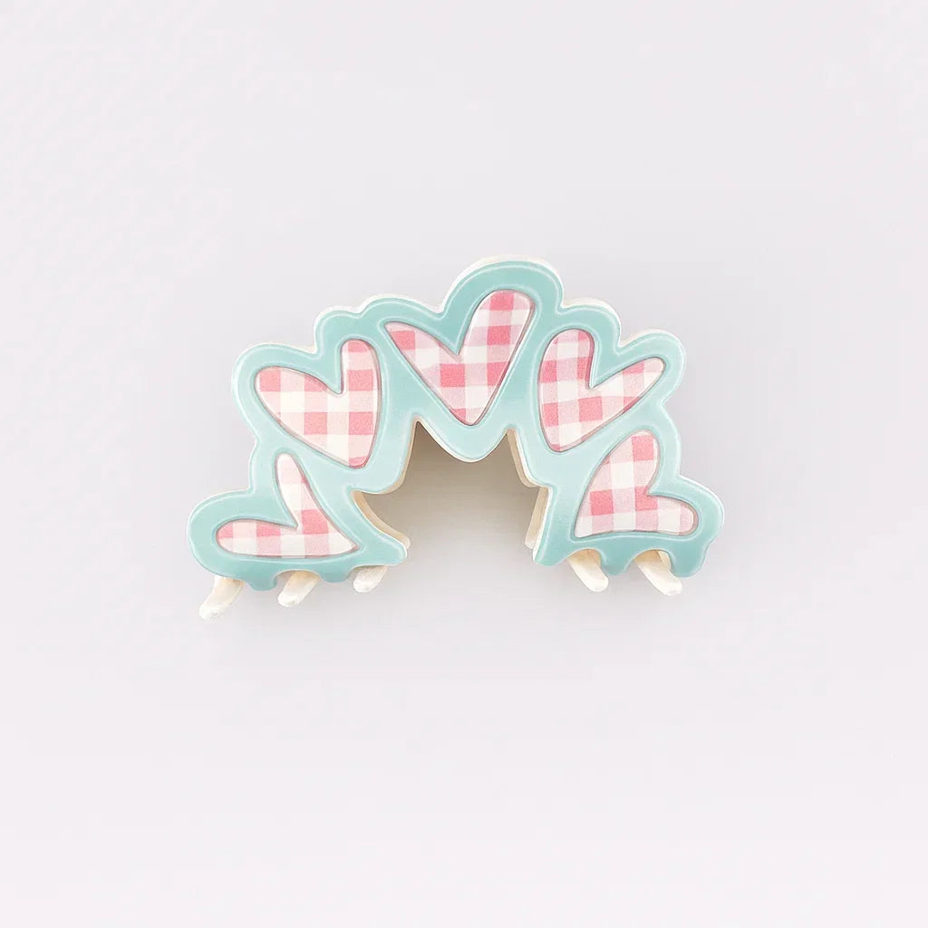 Gingham Hearts With Blue Lining Claw Clip