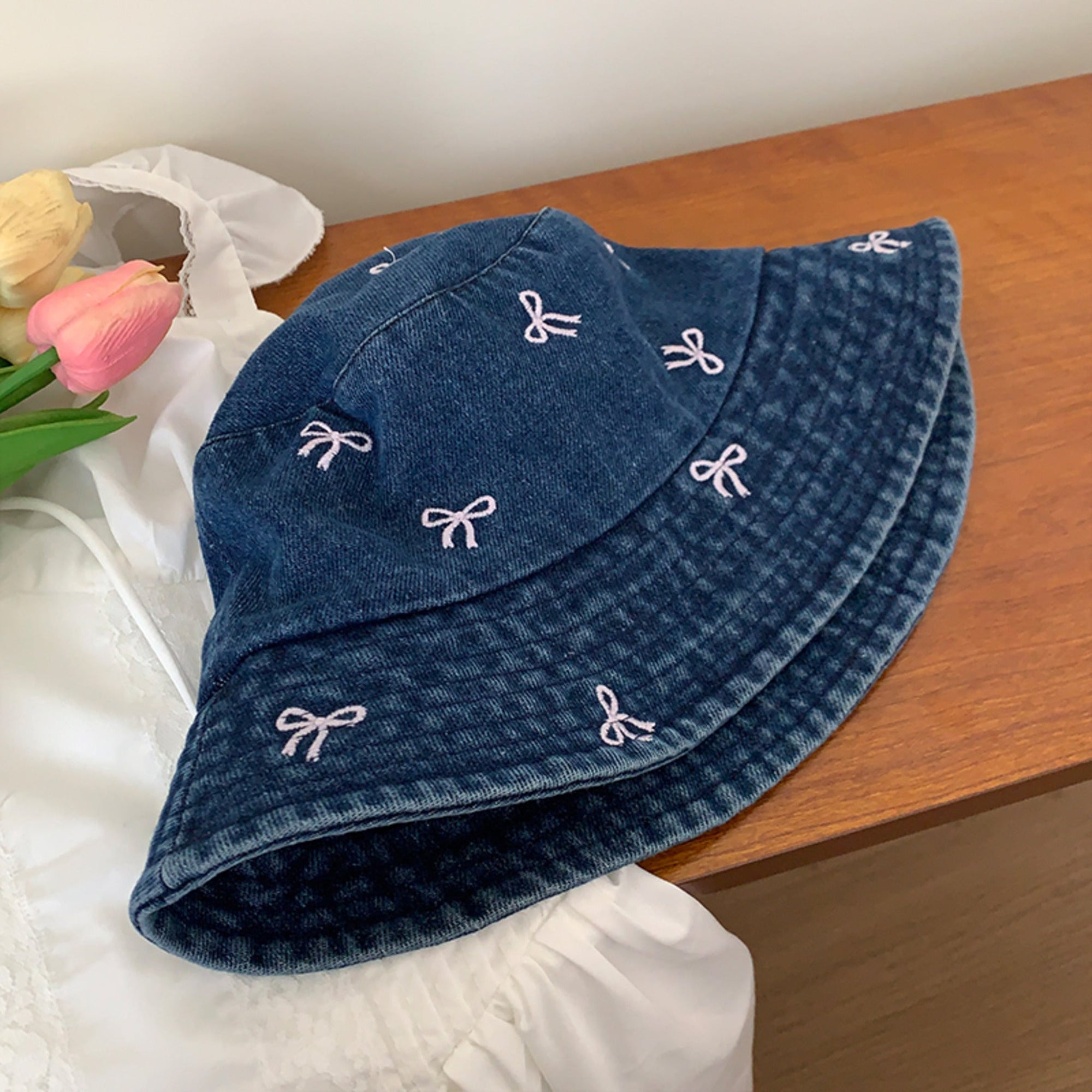 Dark Blue Bucket Hat with Bows