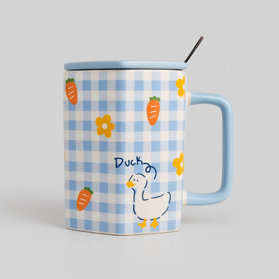 Checkered Ceramic Mug with Spoon Blue