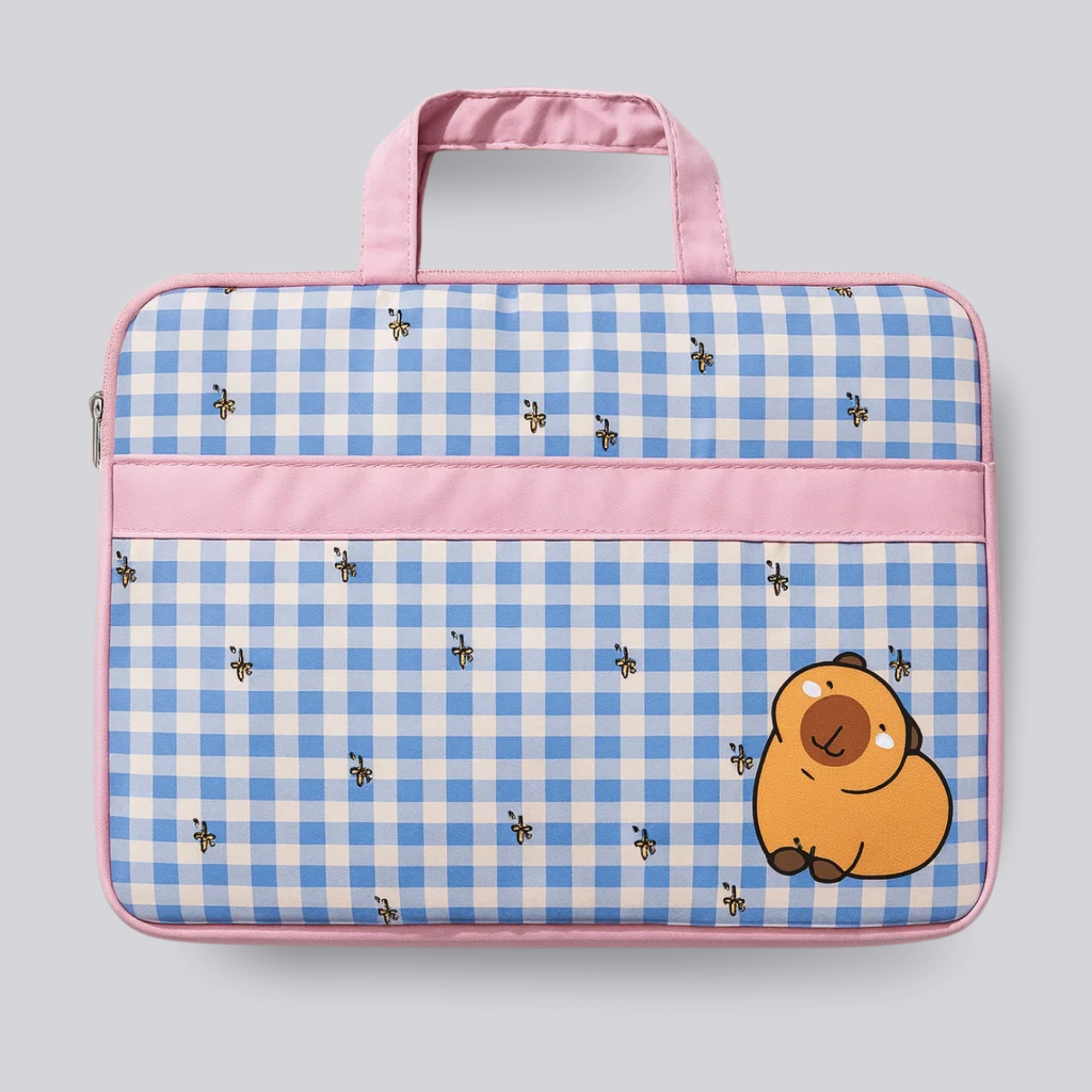 Blue Gingham Capybara Laptop Bag
