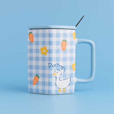 Checkered Ceramic Mug with Spoon Blue