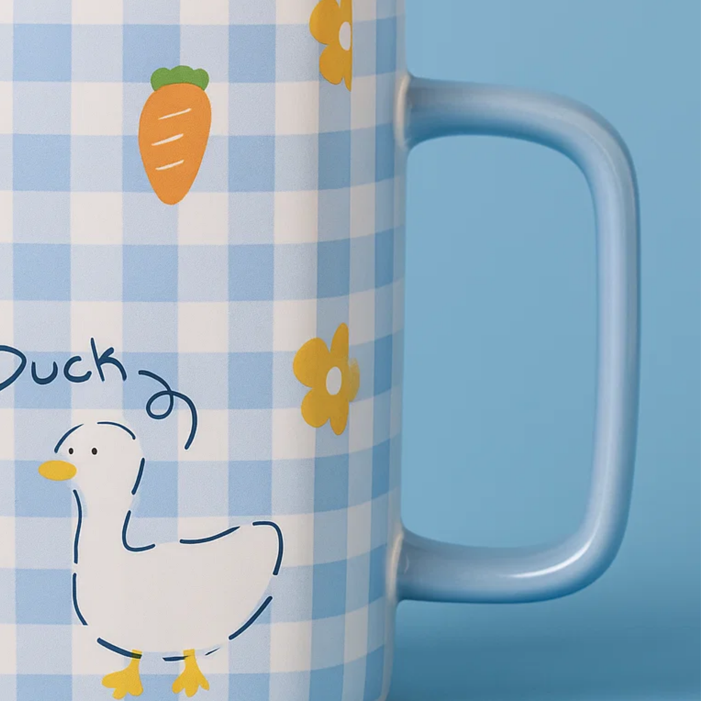 Checkered Ceramic Mug with Spoon Blue
