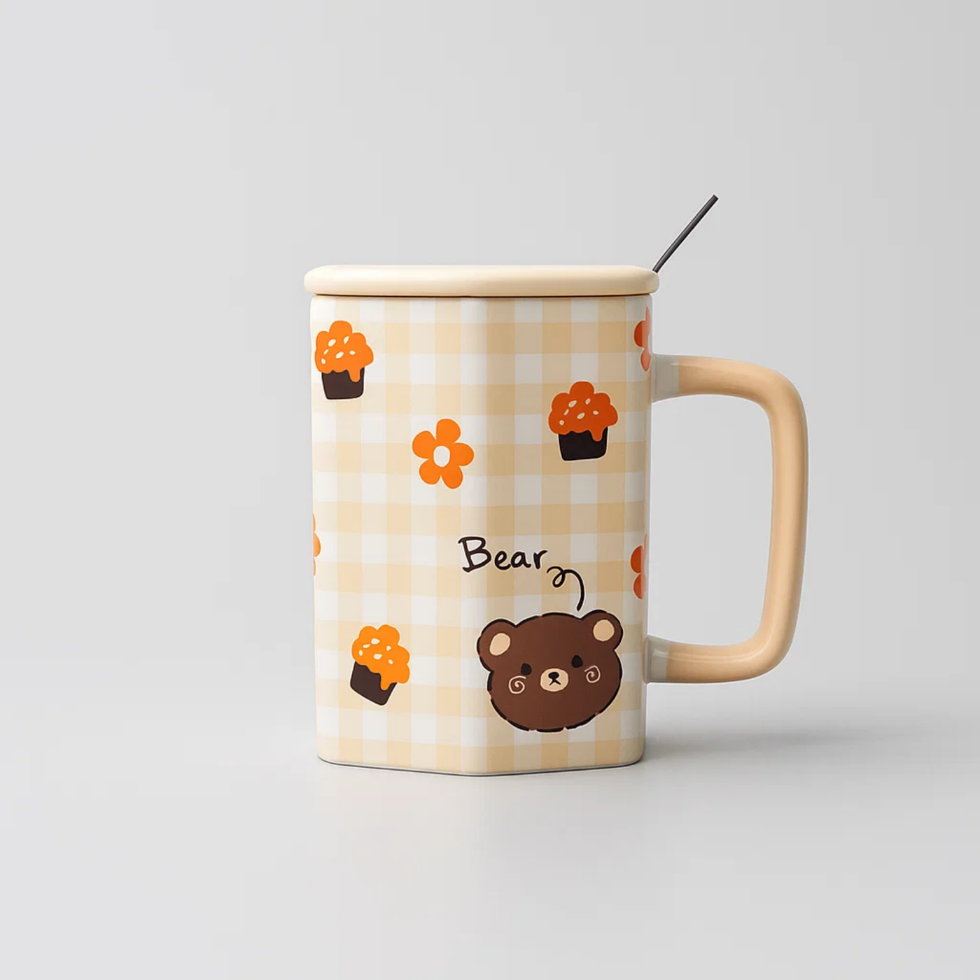 Checkered Ceramic Mug with Spoon Brown