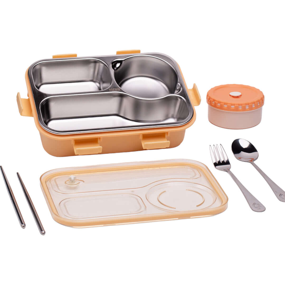 Korean Bento Box 3 Grid with Soup Bowl - Orange